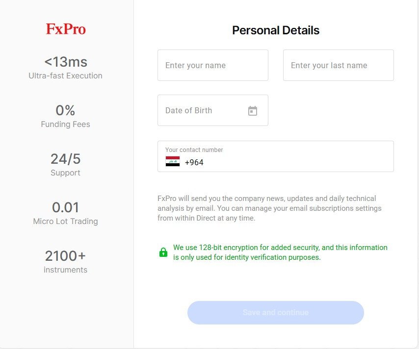 فرم اطلاعات شخصی در ثبتنام FxPro